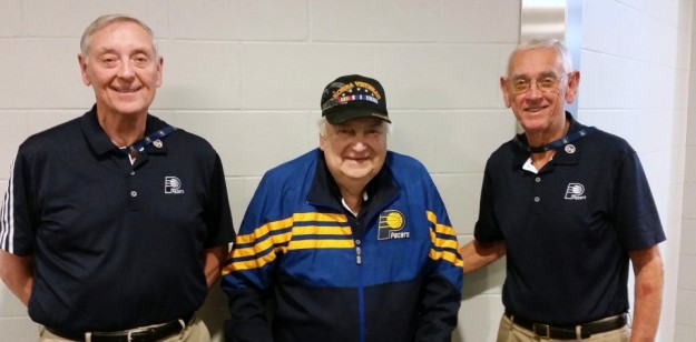 Three original members of the Pacers' stat crew. From left to right: Bill Bevan, crew chief Bill York, and Bob Bernath. They were working games when the franchise began in 1967, although Bernath officially joined the crew the following season. 