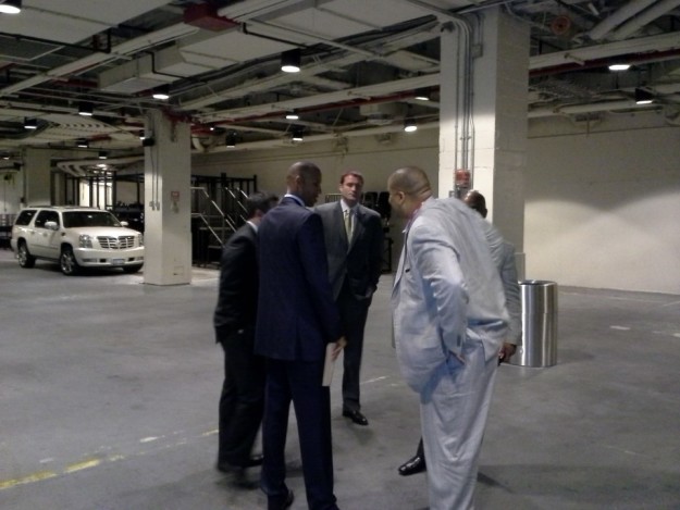 Reggie Miller, back in Madison Square Garden before a Pacers playoff game in 2013. That's his former teammate Austin Croshere in the background and sportswriter Marc Spears on the right. 
